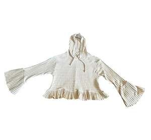 Böhme Beige Waffle Knit Ruffled Bell Sleeve Hooded Pullover Sweater Size M